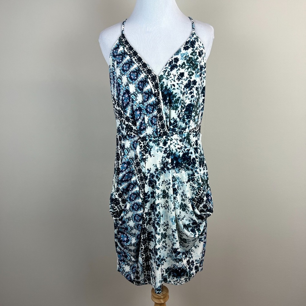 BCBGGeneration Dress Womens Medium Blue Floral Mini Draped Pocket Sleeveless NEW